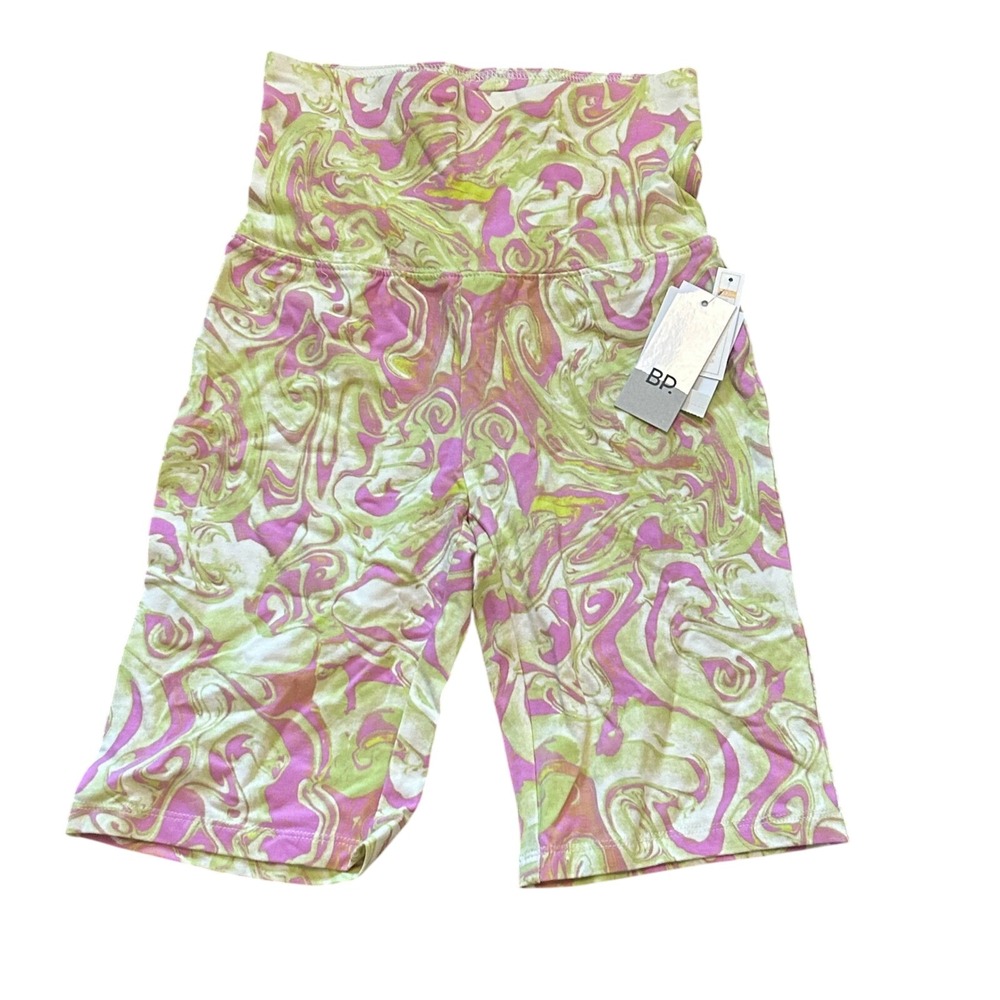 BP Nordstrom Womens XXS Purple Green Spacey‎ Print High Waist Bike Shorts